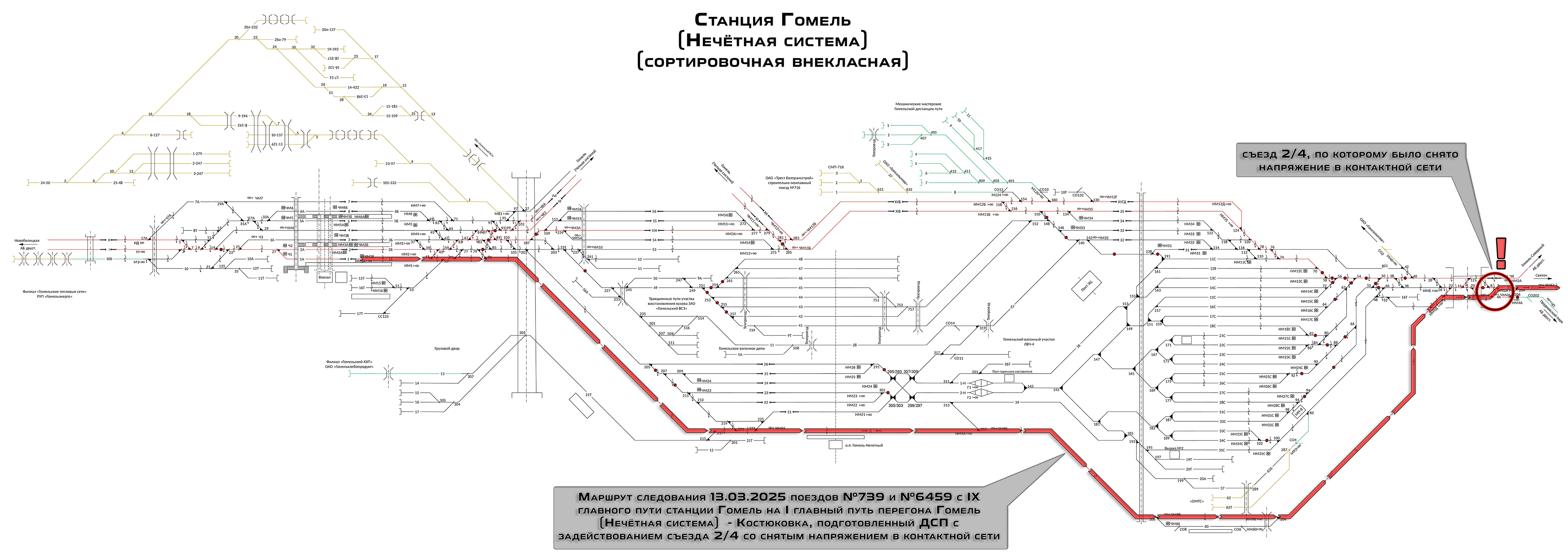 Маршрут следования поездов №739 и №6459 через съезд 2/4 со снятым напряжением в контактной сети на станции Гомель 13.03.2025